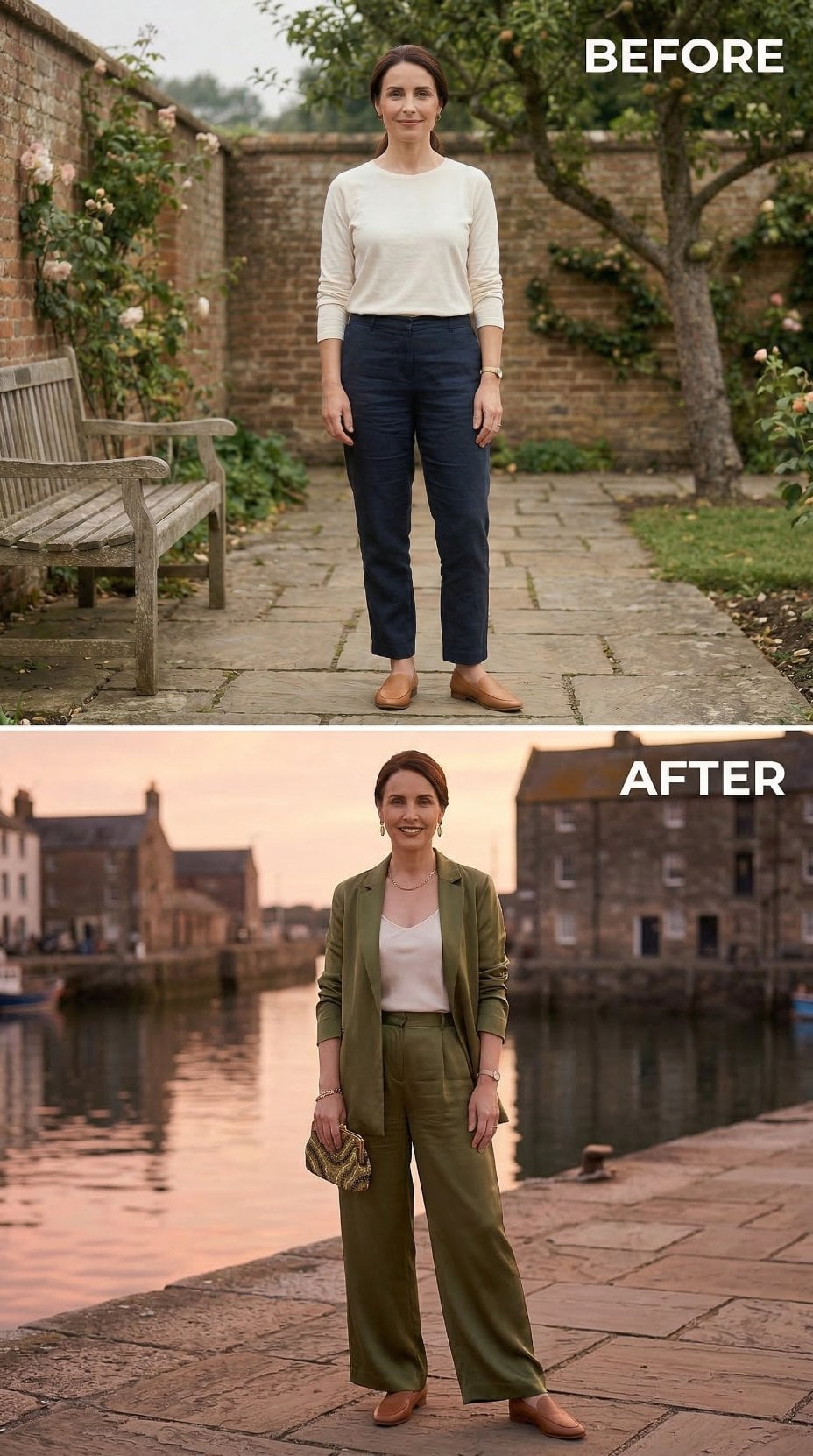 Dark Chinos and a Cream Top in a Walled Garden, Olive Suiting at the Harbor at Dusk