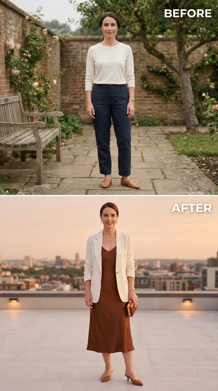 Dark Chinos and a Cream Top Exit the Garden. A Rust Slip Dress Takes the Rooftop.