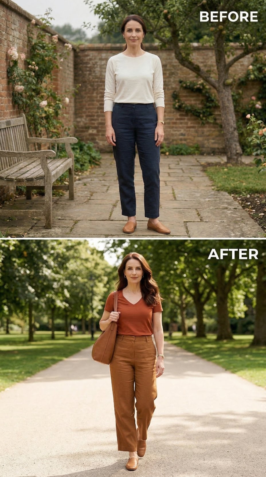 Warm Caramel Trousers, a V-Neck Tee, and the Park Walk That Finally Makes Sense