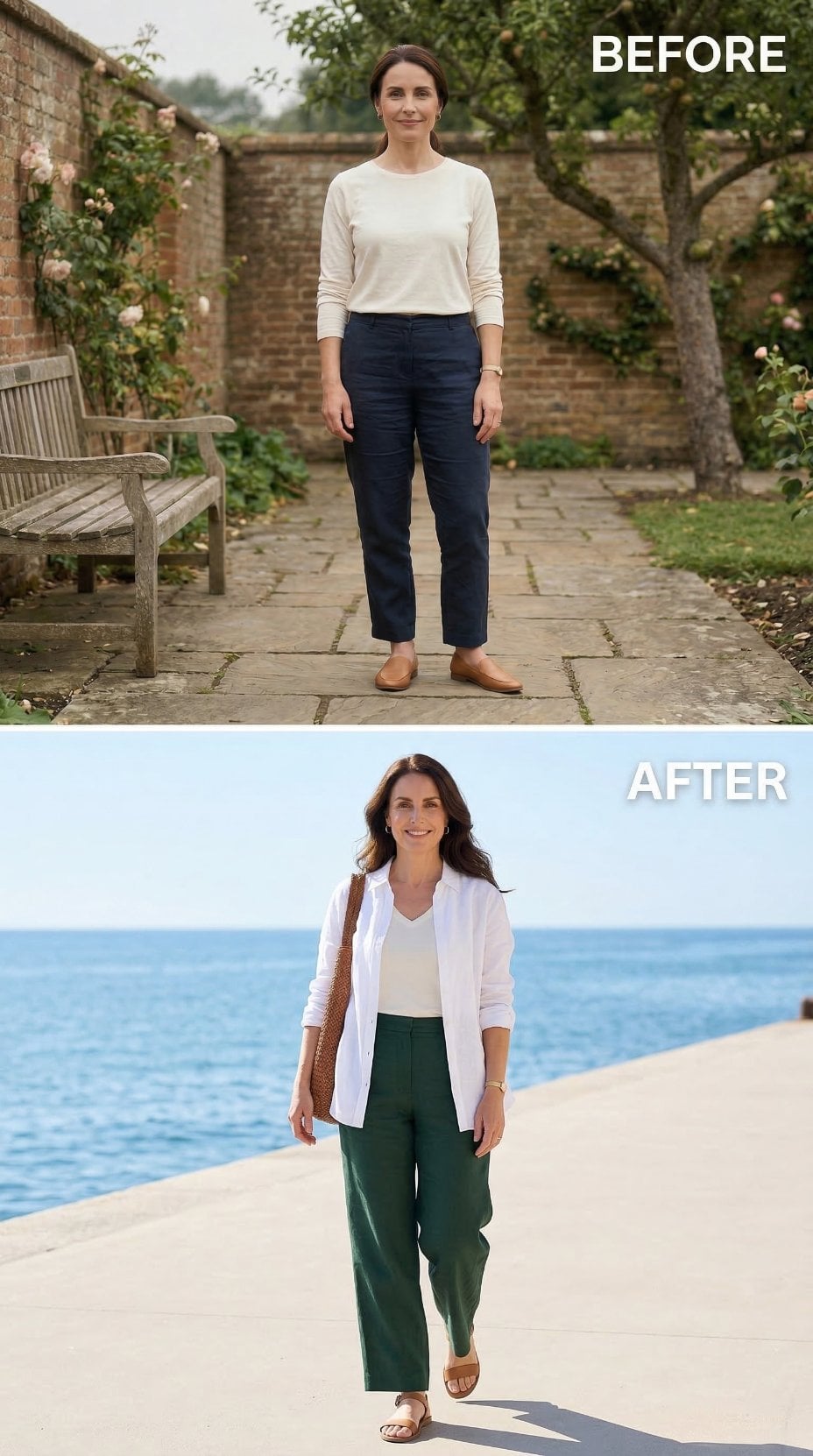 Dark Chinos Exit the Garden. Forest Green Linen Walks the Waterfront.