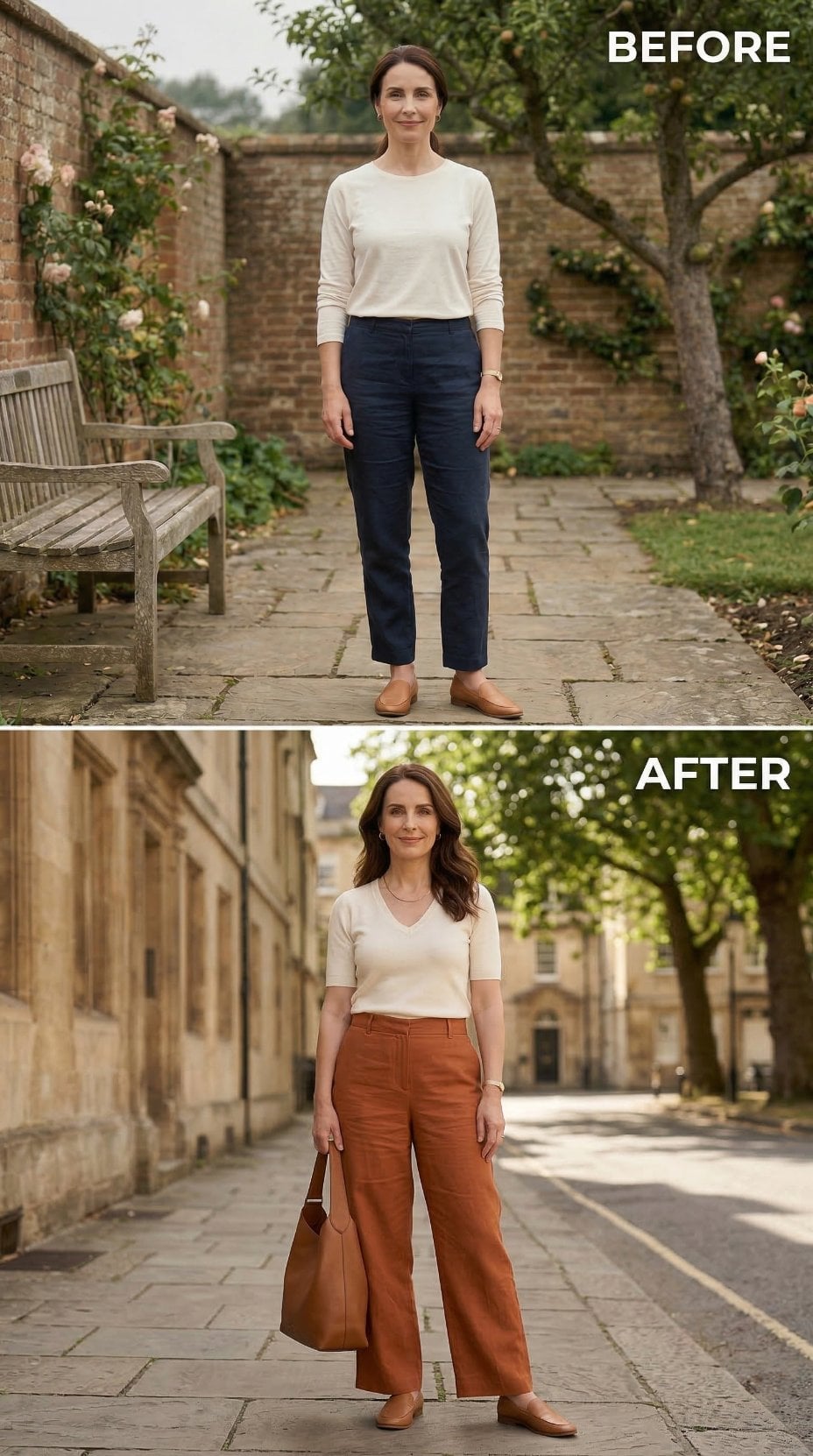 Cream Top, Two Pants, and Why the Wide Leg Changes Everything About Her Proportions