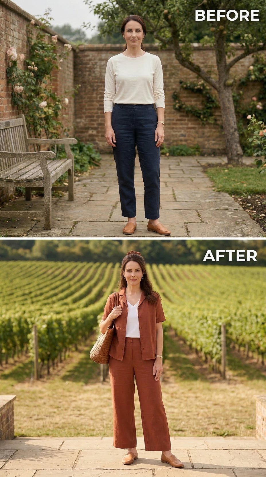 Burnt Sienna Linen, Wide Trousers, and What Happens When Her Color Story Holds From Collar to Hem