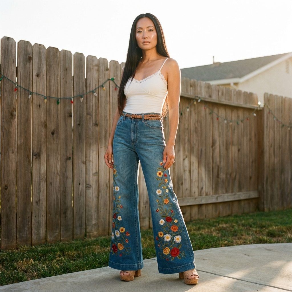 Embroidered Flares With Flowers Up the Entire Leg