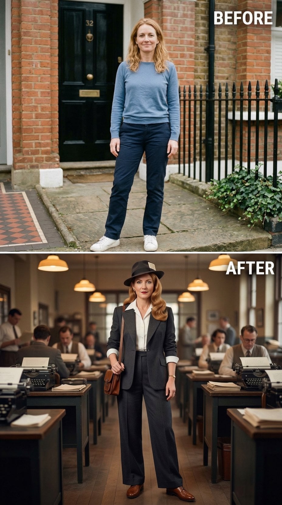 Navy Wide-Leg Trousers and a Charcoal Jacket Step Into a Newsroom