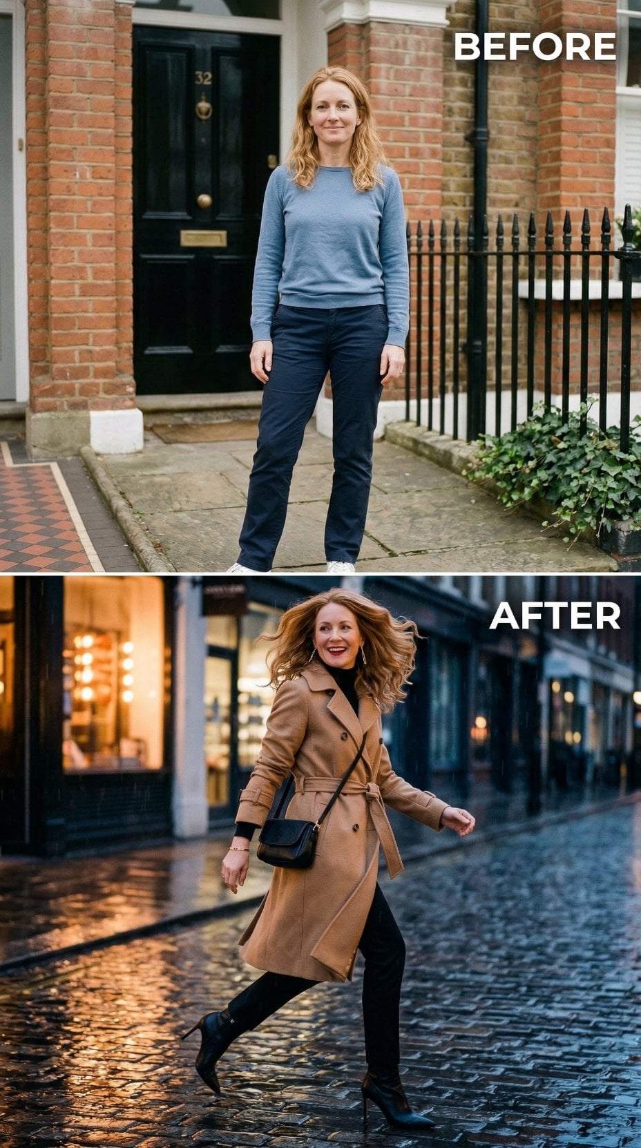 Belted Trench Over Black Separates Runs Through Rain-Slicked Cobblestones