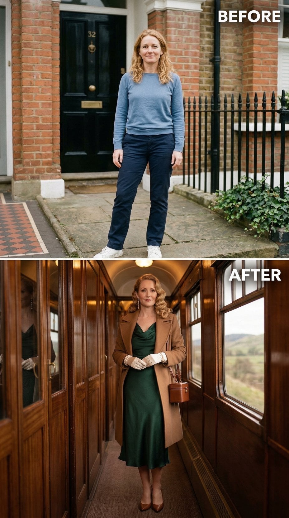 Emerald Silk Slip and Camel Coat Glide Down a Private Train Car