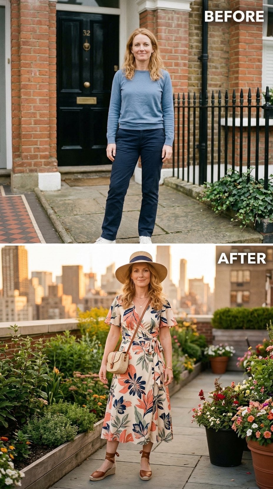 Floral Wrap Dress and Straw Hat Command a Rooftop Garden Party
