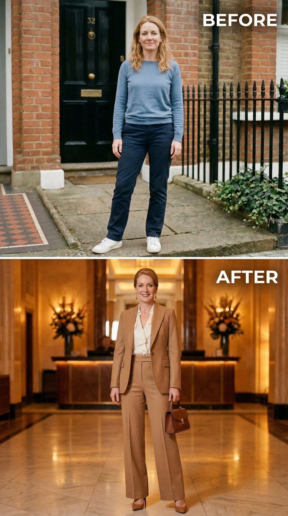 Caramel Tailored Suit and Rust Accessories Walk Through a Lobby