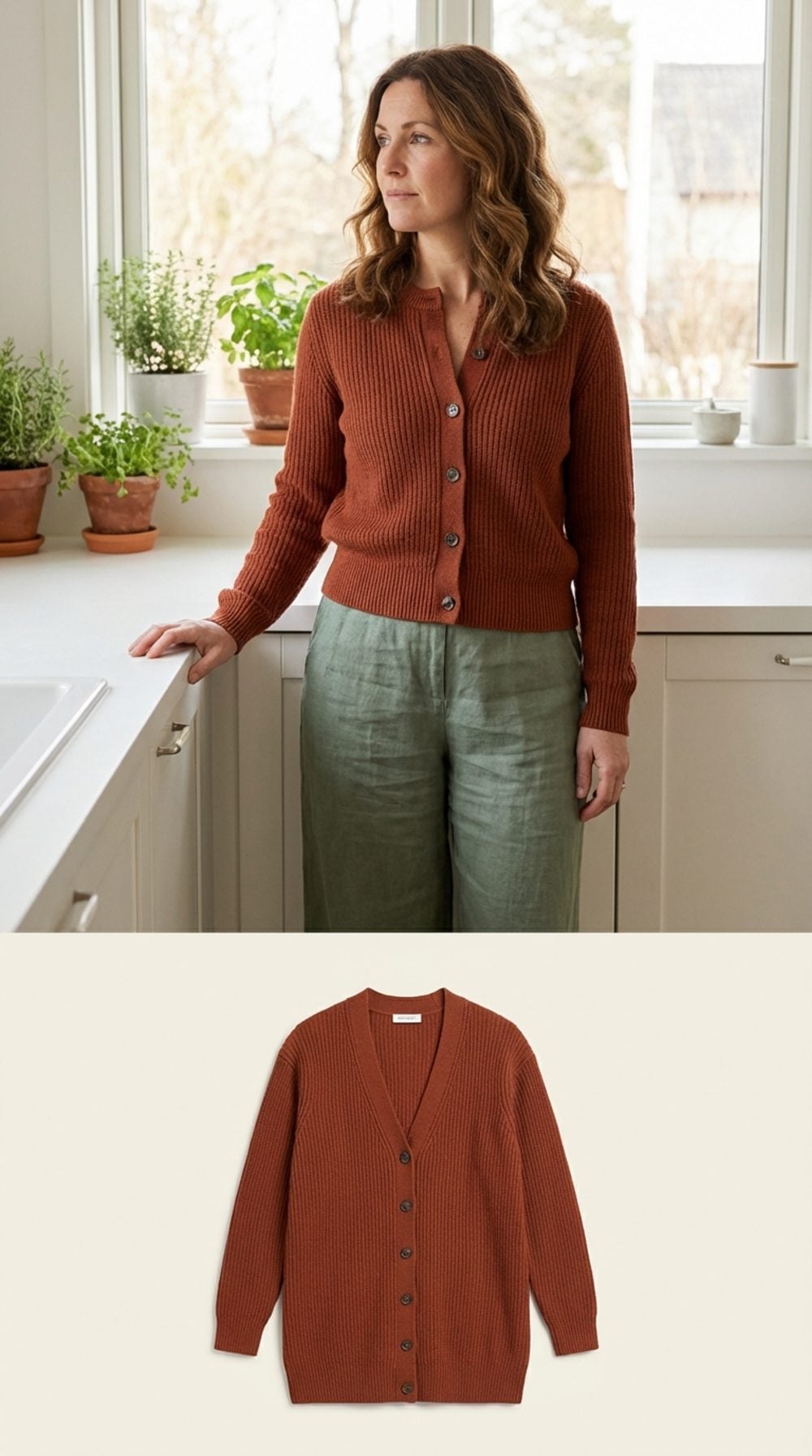 Rust-Colored Ribbed Knit Cardigan