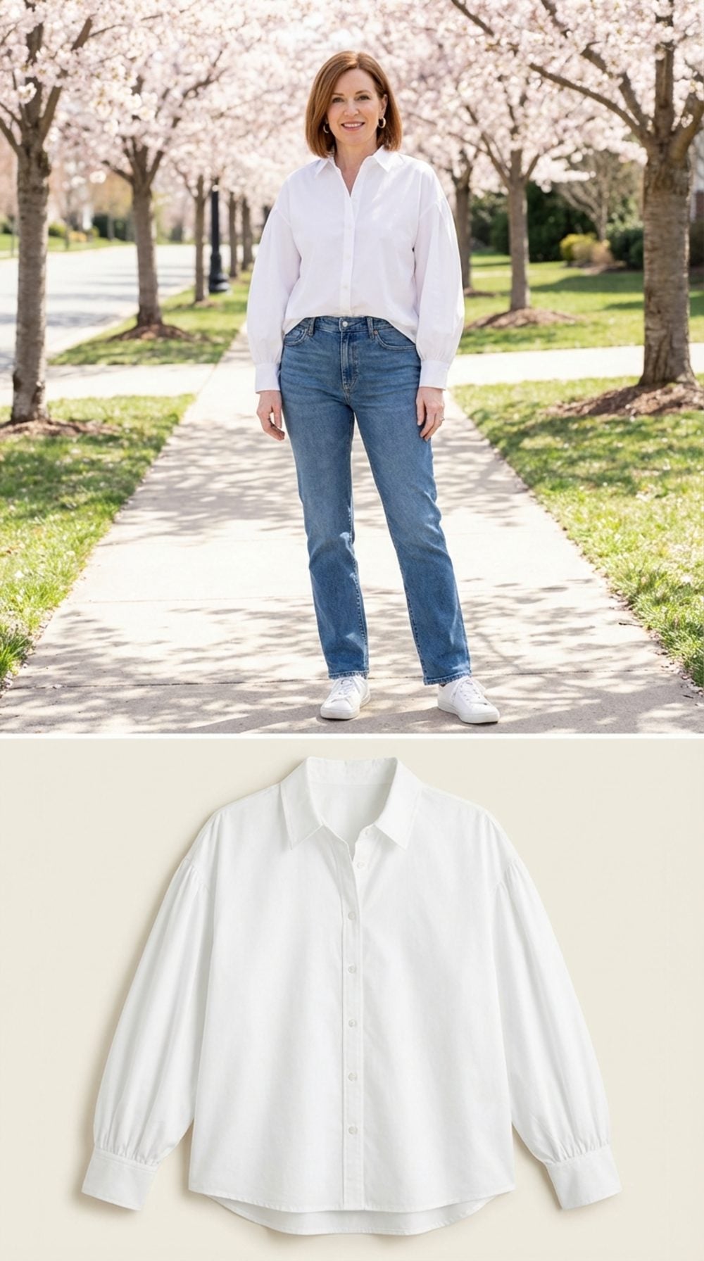 White Poplin Button-Down Blouse with Subtle Volume Sleeves