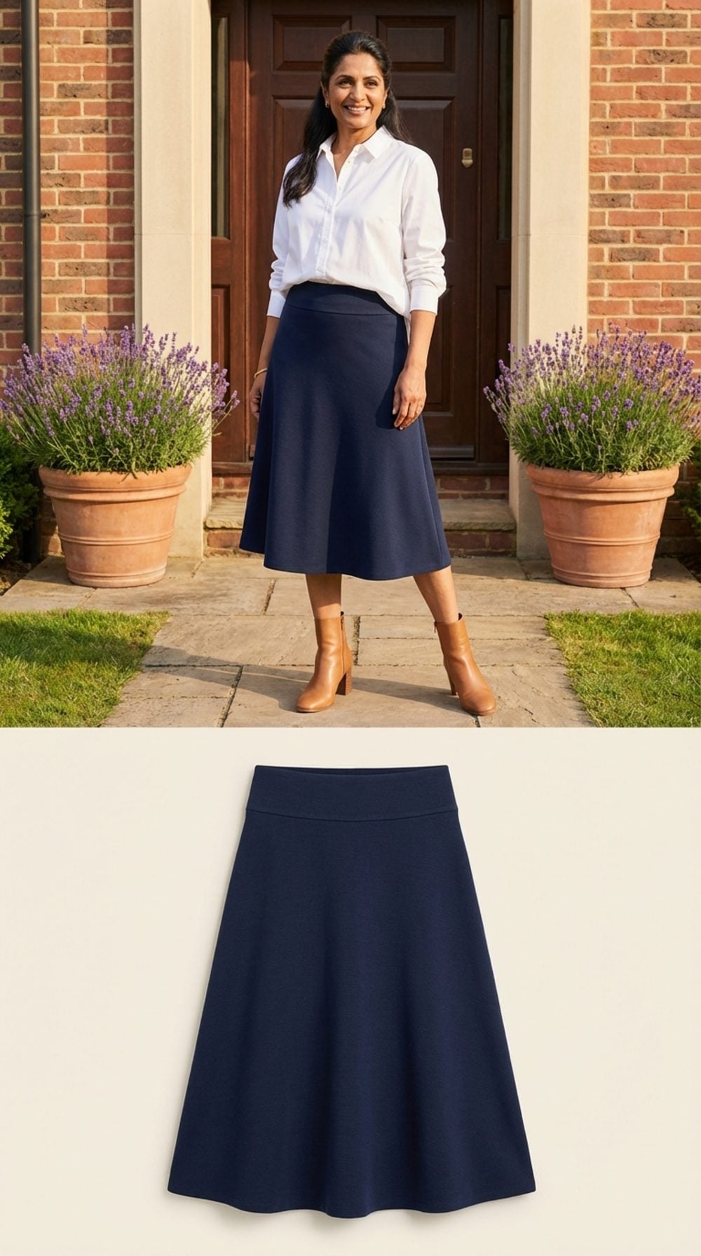 Navy Ponte Wide-Waistband Midi Skirt