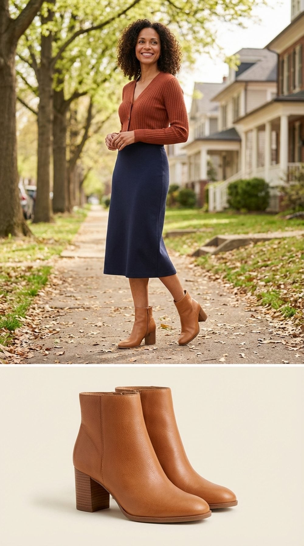 Tan Leather Block-Heel Ankle Boots