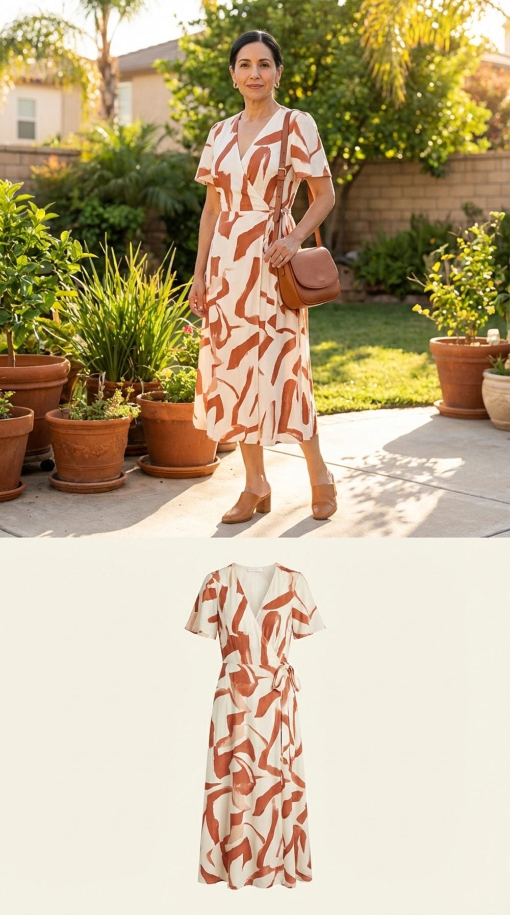 Ivory and Terracotta Abstract-Print Wrap Dress