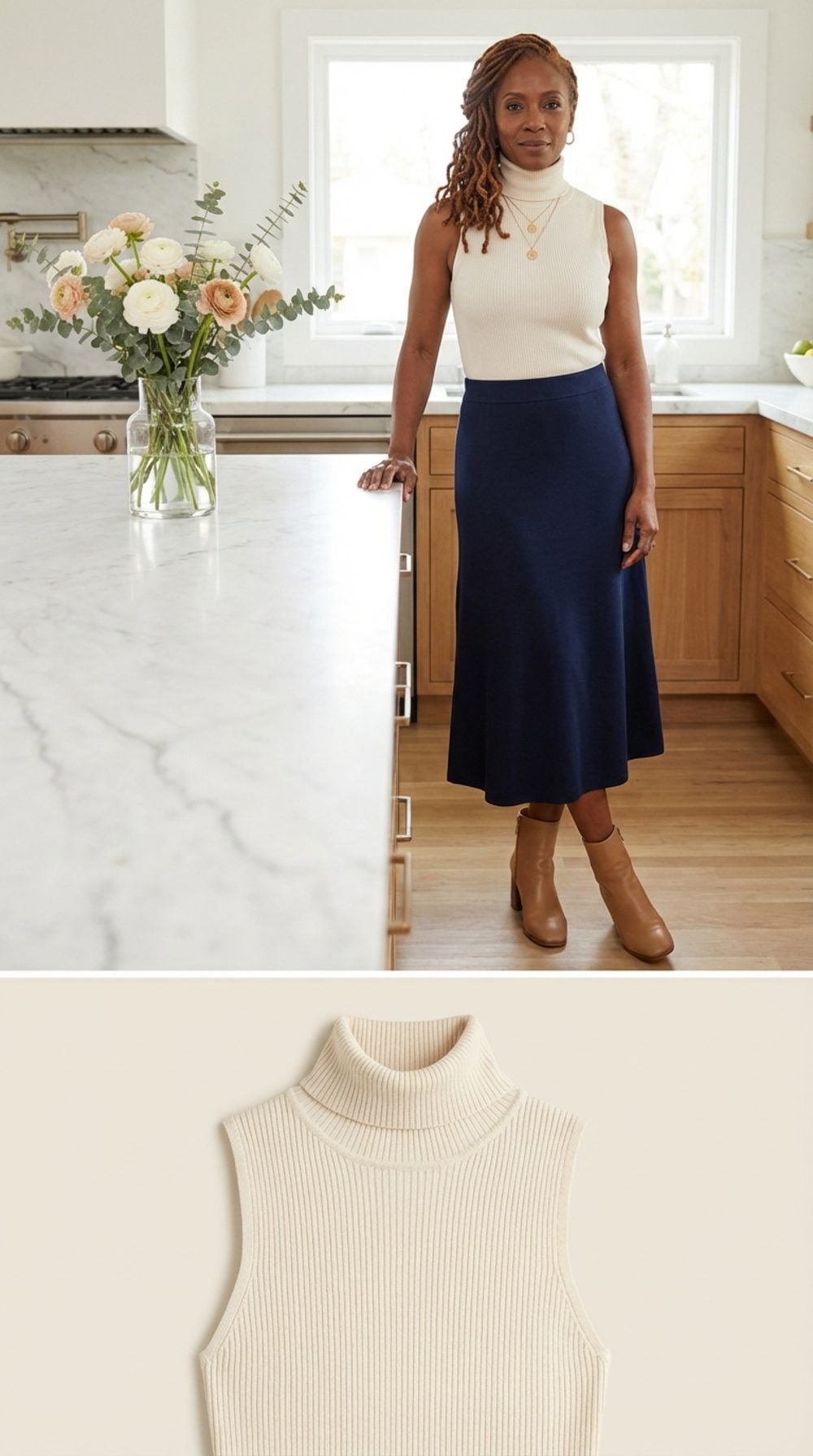 Cream Ribbed Sleeveless Turtleneck Tank