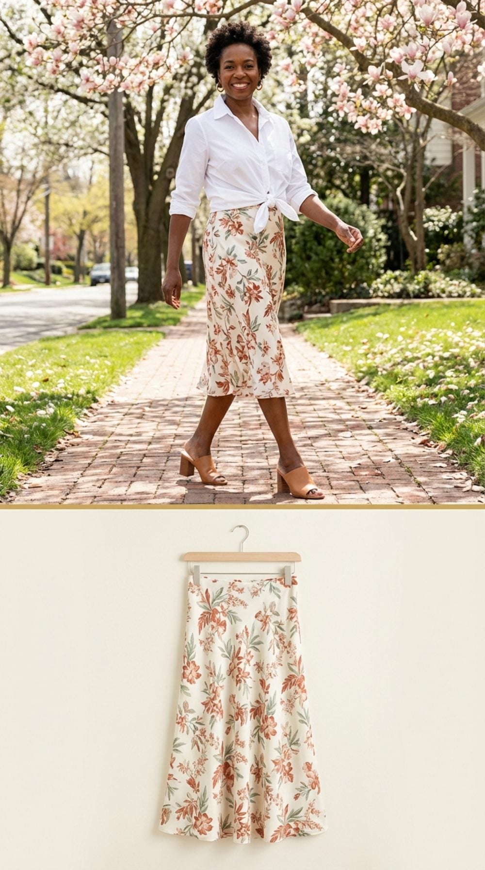 Floral Midi Skirt in Ivory with Terracotta and Sage Botanical Print