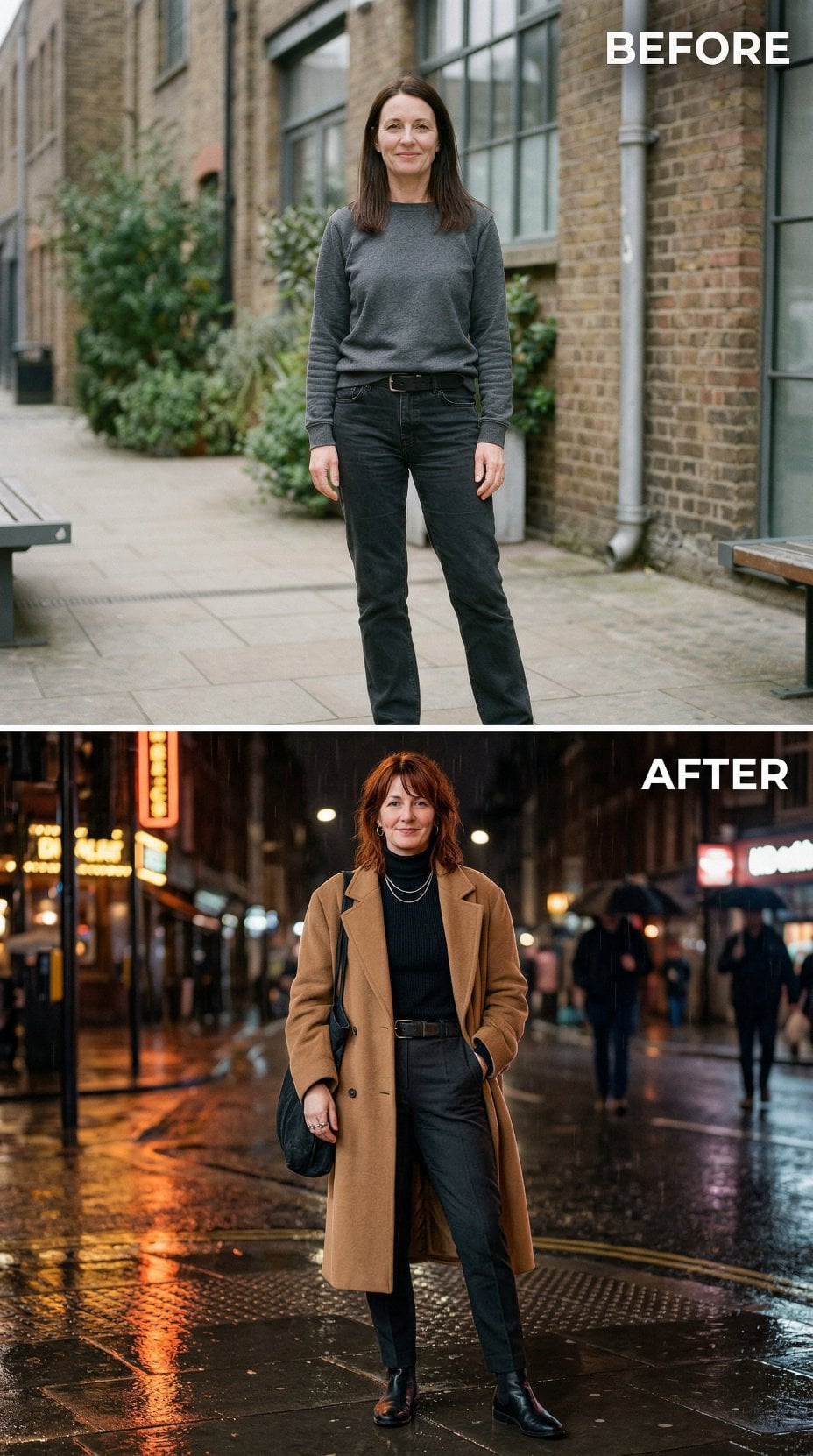 Camel Coat Over Black Turtleneck on Rain-Slicked Streets at Night