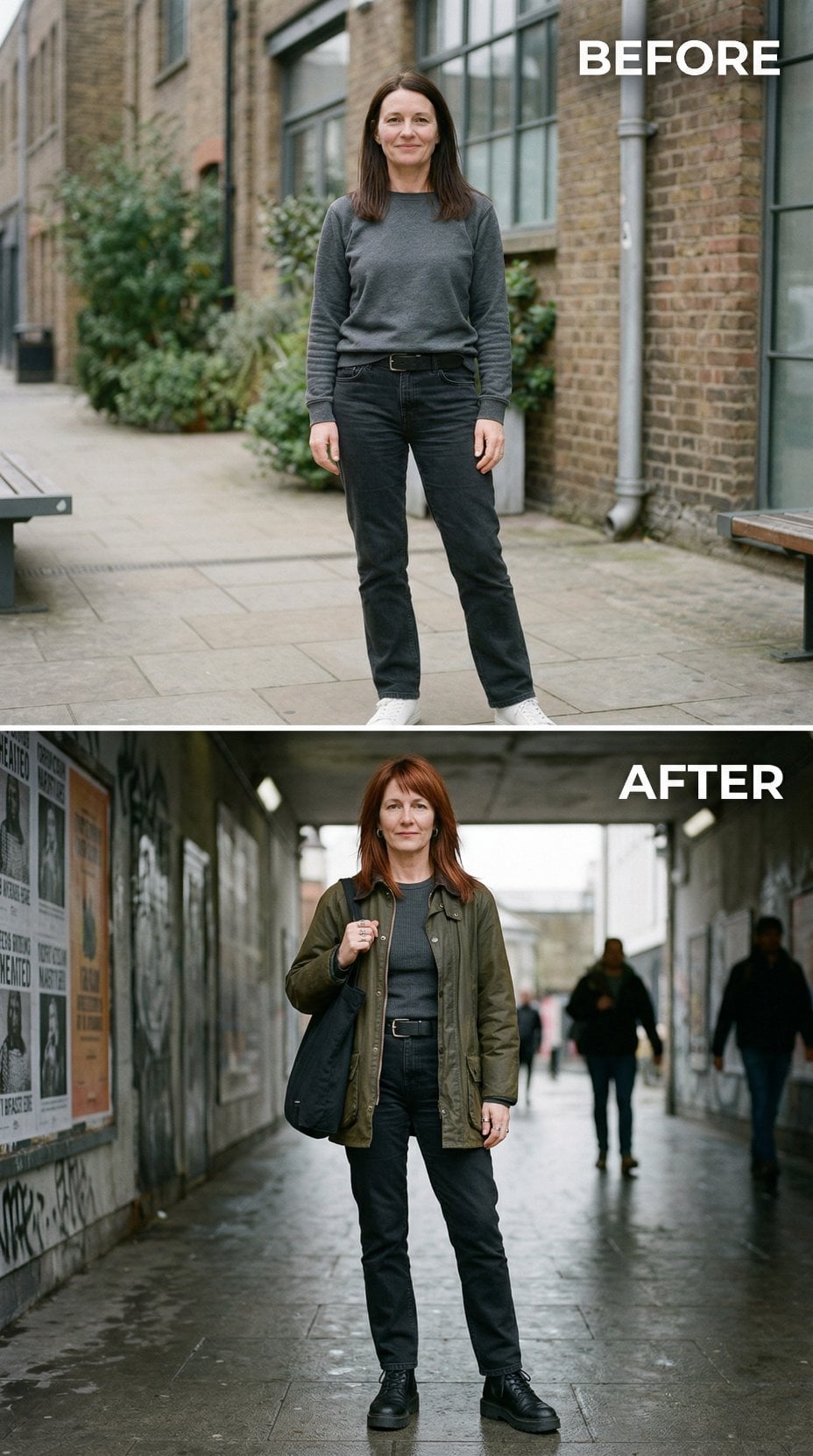 Plain Grey Crew Neck Rebuilt as Olive Field Jacket and Auburn Hair in the Urban Underpass
