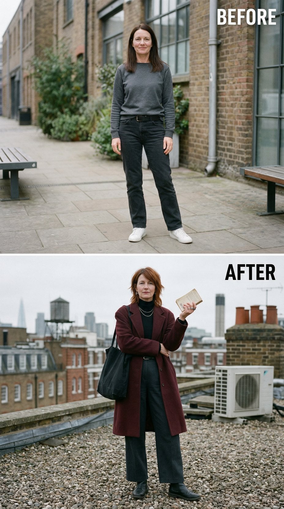 From Courtyard Grey Knit to Burgundy Wool Coat and Turtleneck on the Rooftop