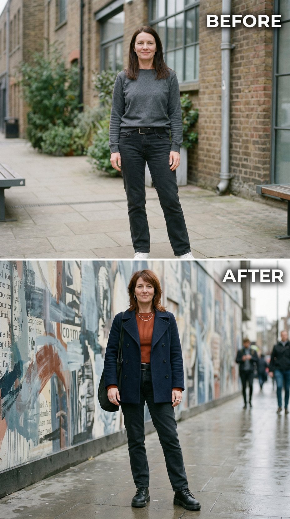 Dark Denim and Grey Sweater Rebuild Into Burnt Orange Ribbed Knit and Navy Peacoat Authority