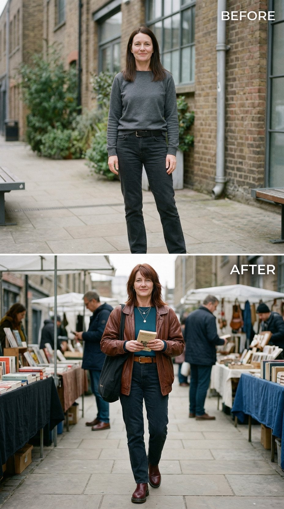 Dark Denim Monotone Becomes Teal Knit and Cognac Leather at the Book Market