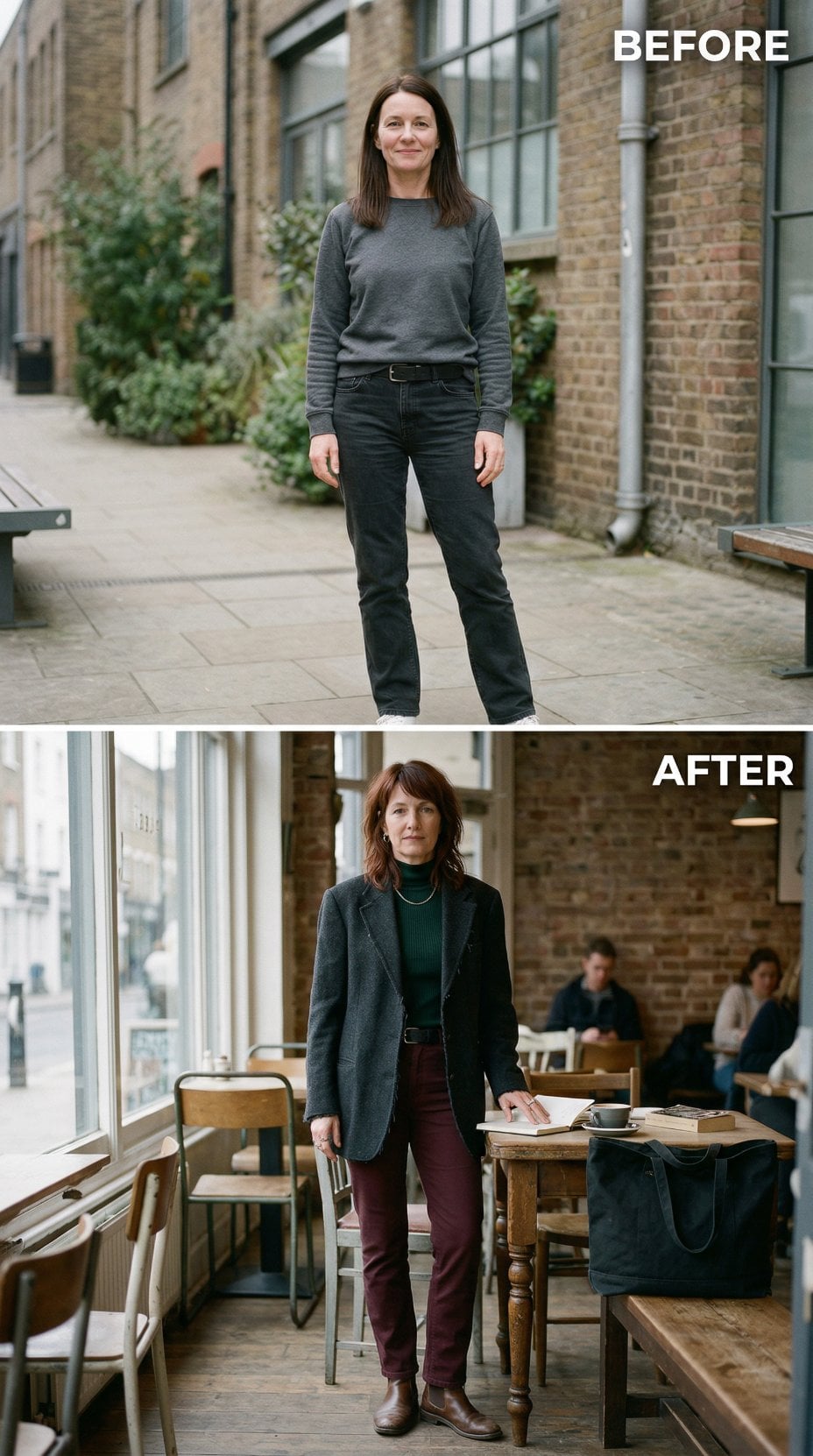 Plain Grey Crew Neck Yields to Green Turtleneck Beneath Tailored Blazer