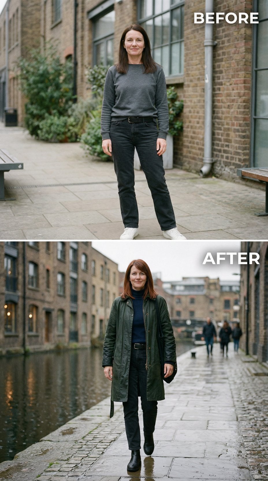 Worn Black Denim and Grey Sweatshirt Replaced by Waxed Olive Coat Over Navy Turtleneck Along the Canal