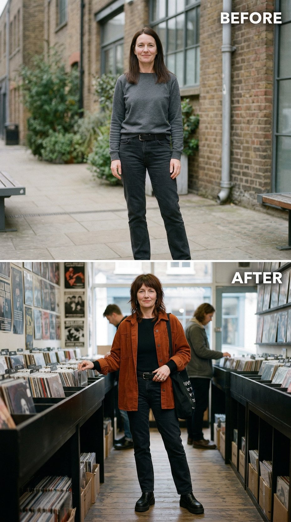 Record Store Warmth Through Burnt Orange Corduroy and Textured Bangs