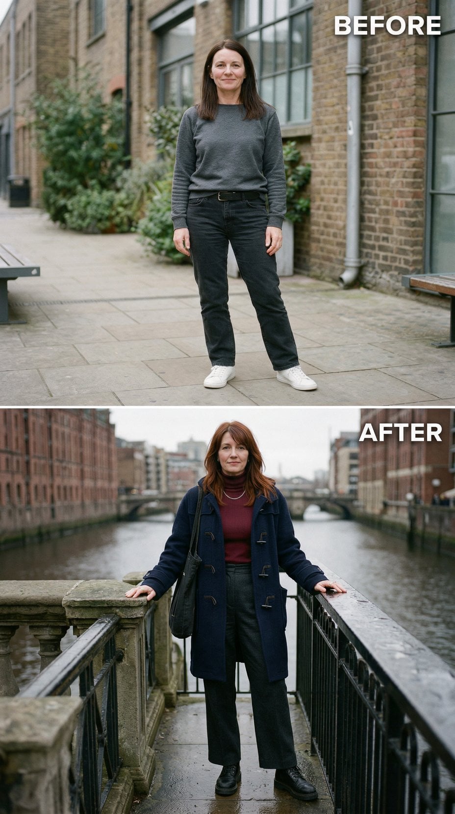 Grey Crew and Dark Jeans Replaced by Navy Duffle Over Wine Ribbed Turtleneck