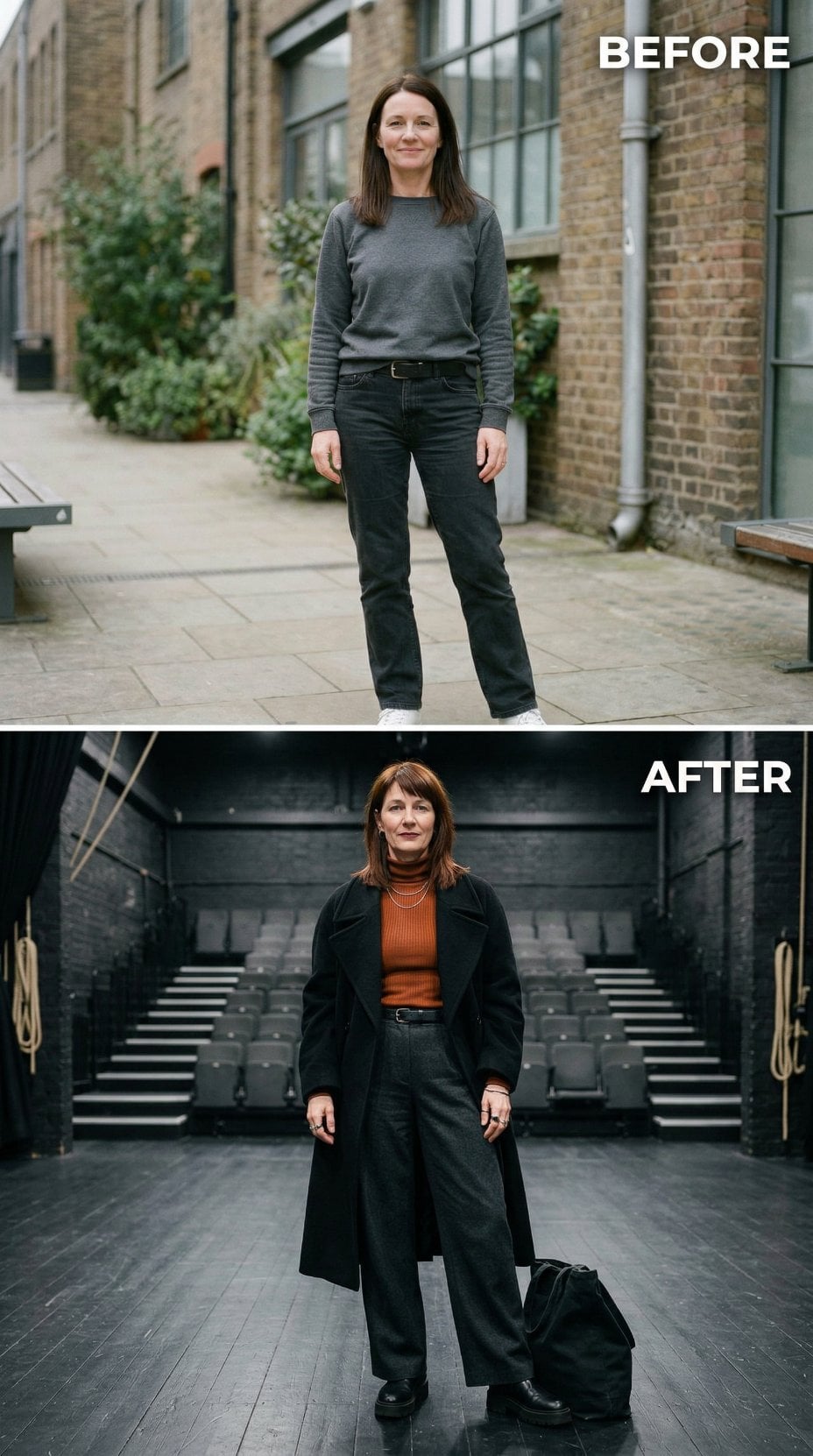 Grey Crew Neck Rewritten as Burnt Orange Turtleneck Under Long Black Coat in the Empty Theatre