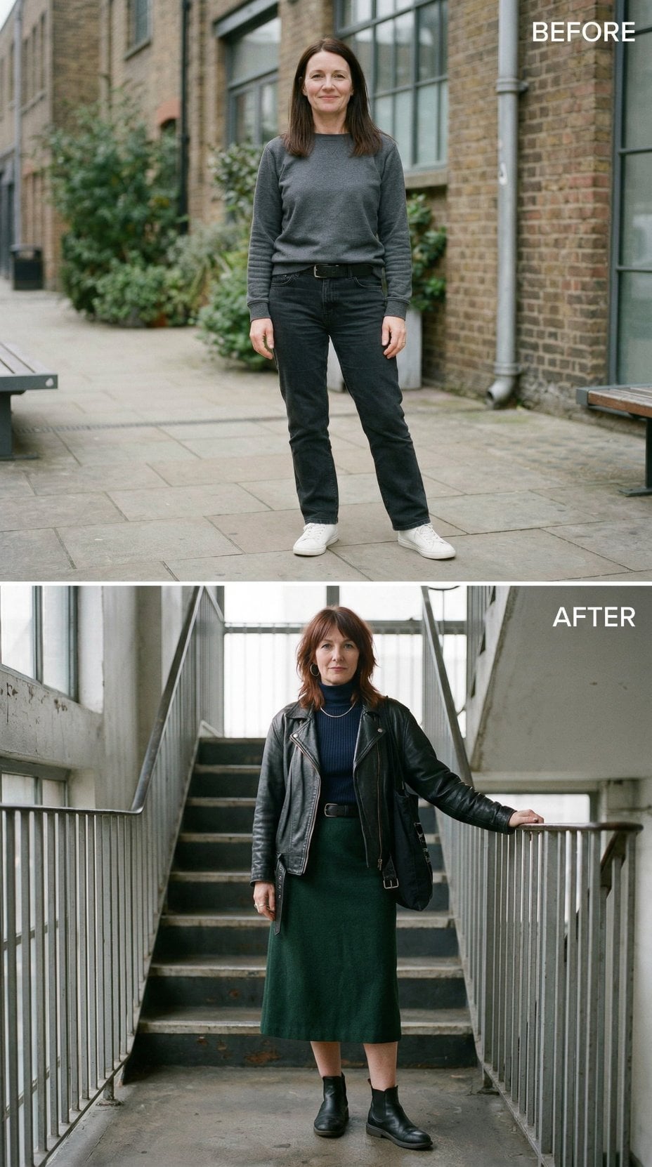 Grey Crew Neck and Black Jeans Exit for Emerald Midi and Leather Moto on Industrial Stairs