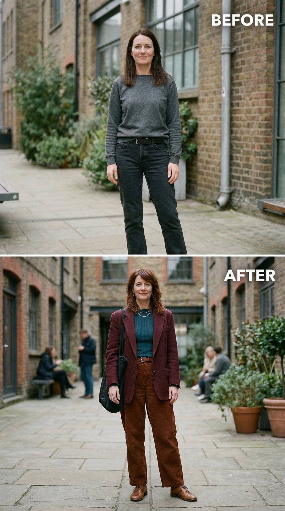 Burgundy Blazer Over Teal Knit Paired With Rust Corduroy Wide-Leg