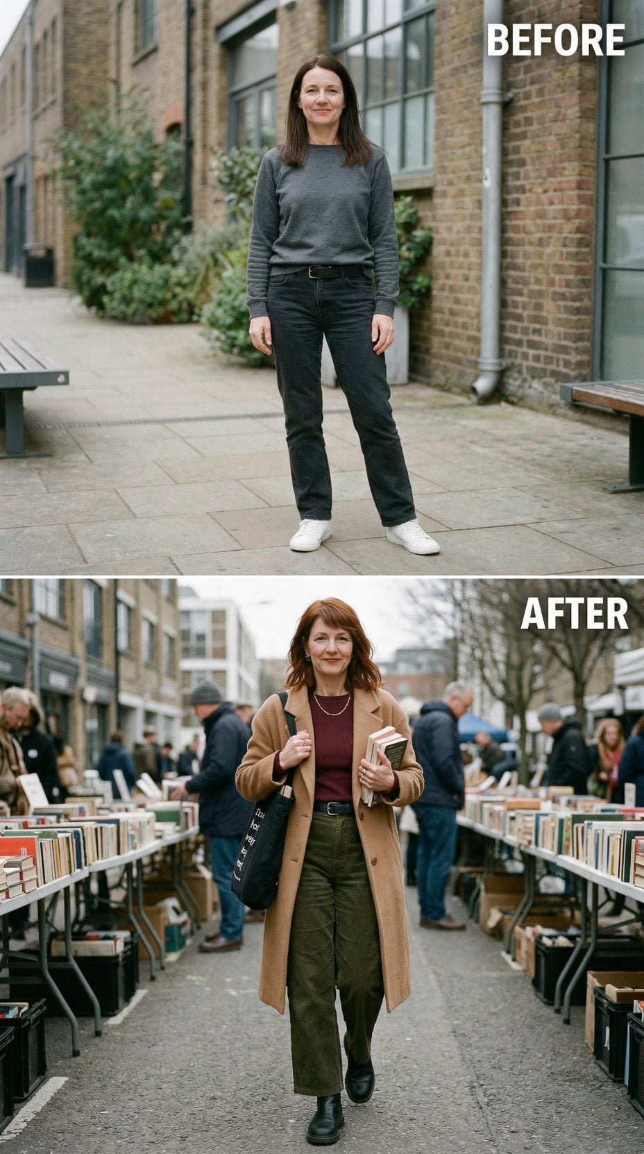 Courtyard Stillness Rebuilt as Book Market Energy in Long Camel Coat Over Burgundy Rib