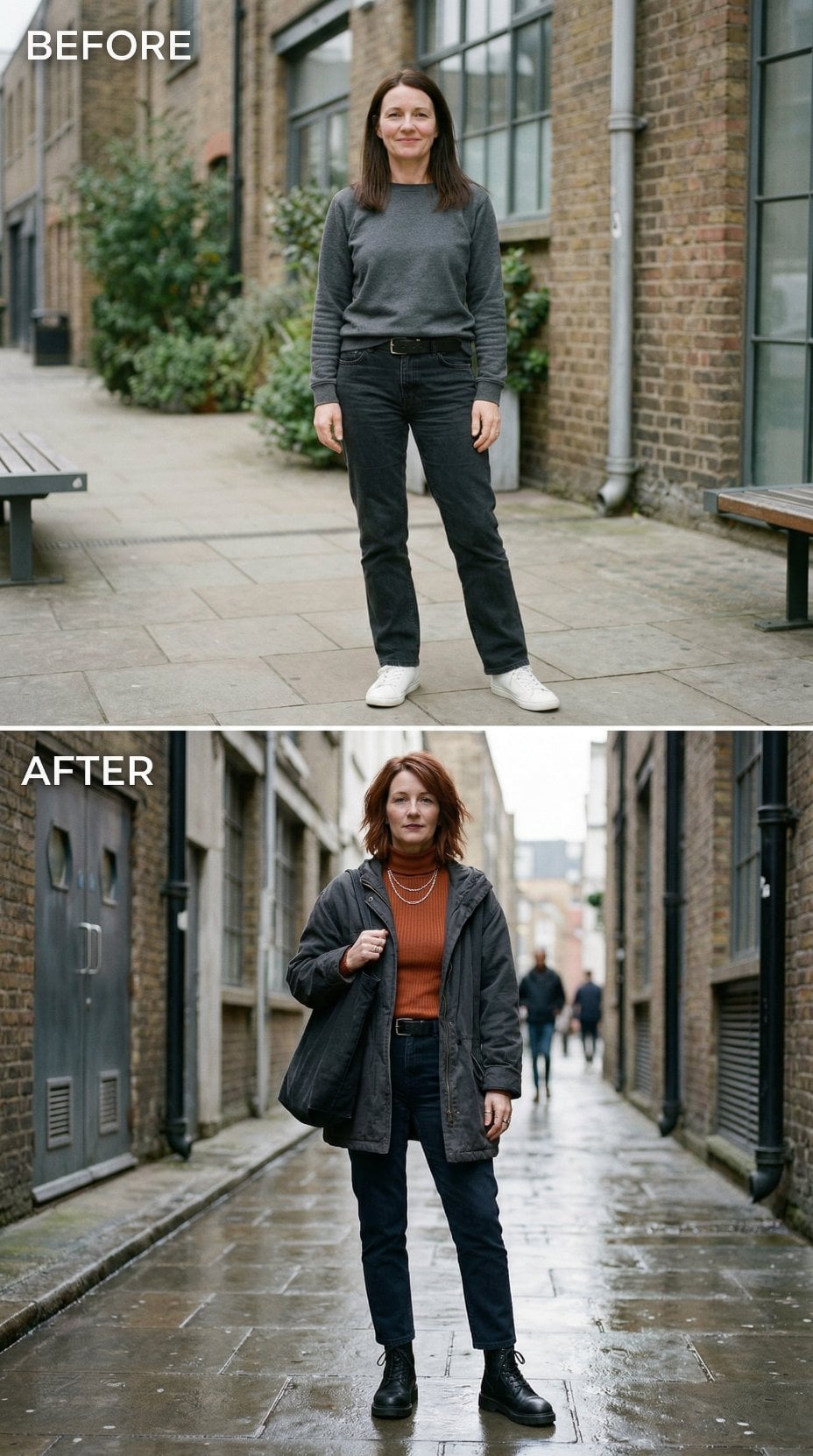 Grey Sweater Gives Way to Burnt Orange Rib and Black Parka Down Wet Alley