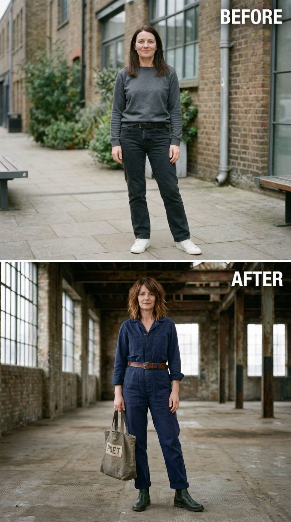 Grey Sweater and Black Jeans Replaced by Belted Navy Boilersuit in Raw Industrial Loft