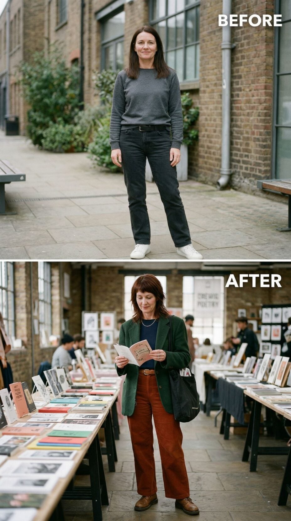 Grey Sweater Traded for Forest Cardigan Over Rust Trousers at the Book Fair