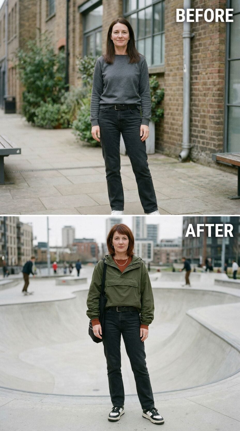 Grey Crewneck Swapped for Olive Anorak and Auburn Bob in Open Plaza