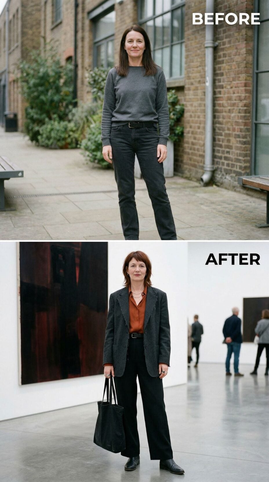 Gray Sweater Outdoors Replaced by Forest Blazer and Rust Silk in Gallery White