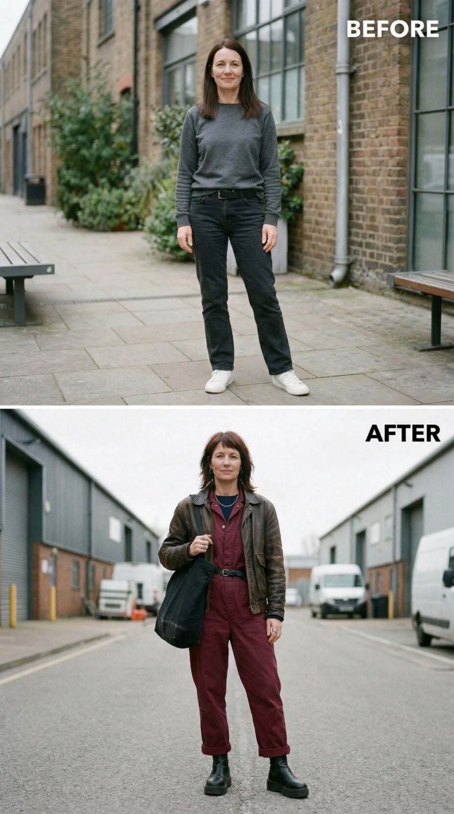 Grey Crewneck and Black Denim Shed for Wine Boilersuit and Barbour