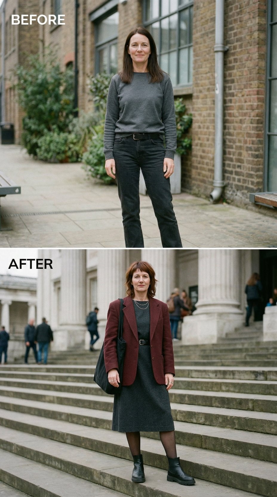 Black Jeans Exit for Charcoal Knit Midi and Burgundy Blazer