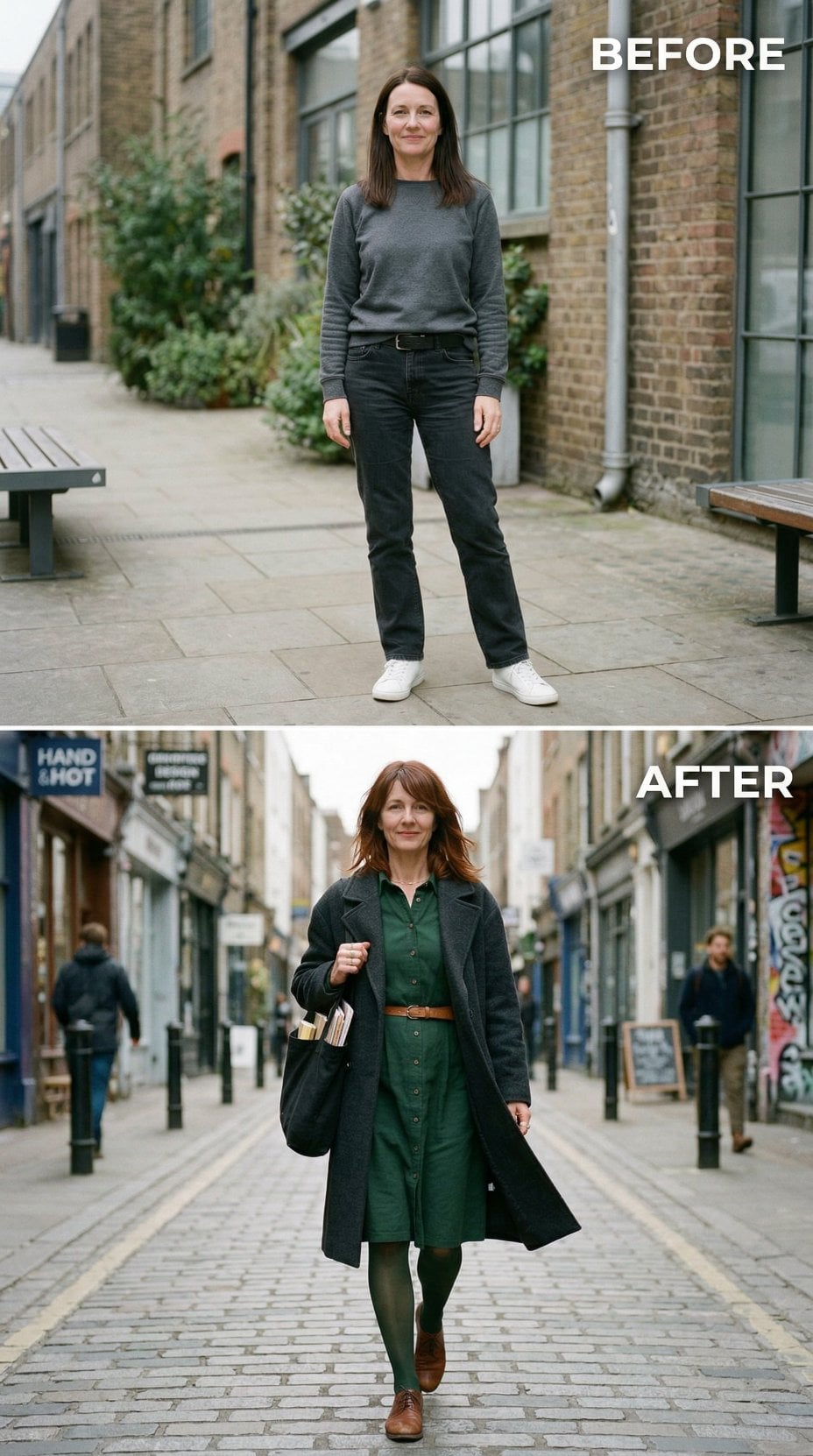 Grey Crew and Black Denim Shift Into Deep Forest Shirtdress and Charcoal Coat on Cobblestone