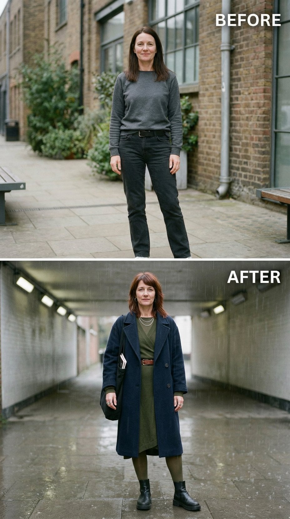 Neutral Courtyard Stance Evolves Into Navy Coat and Midi Dress Drama