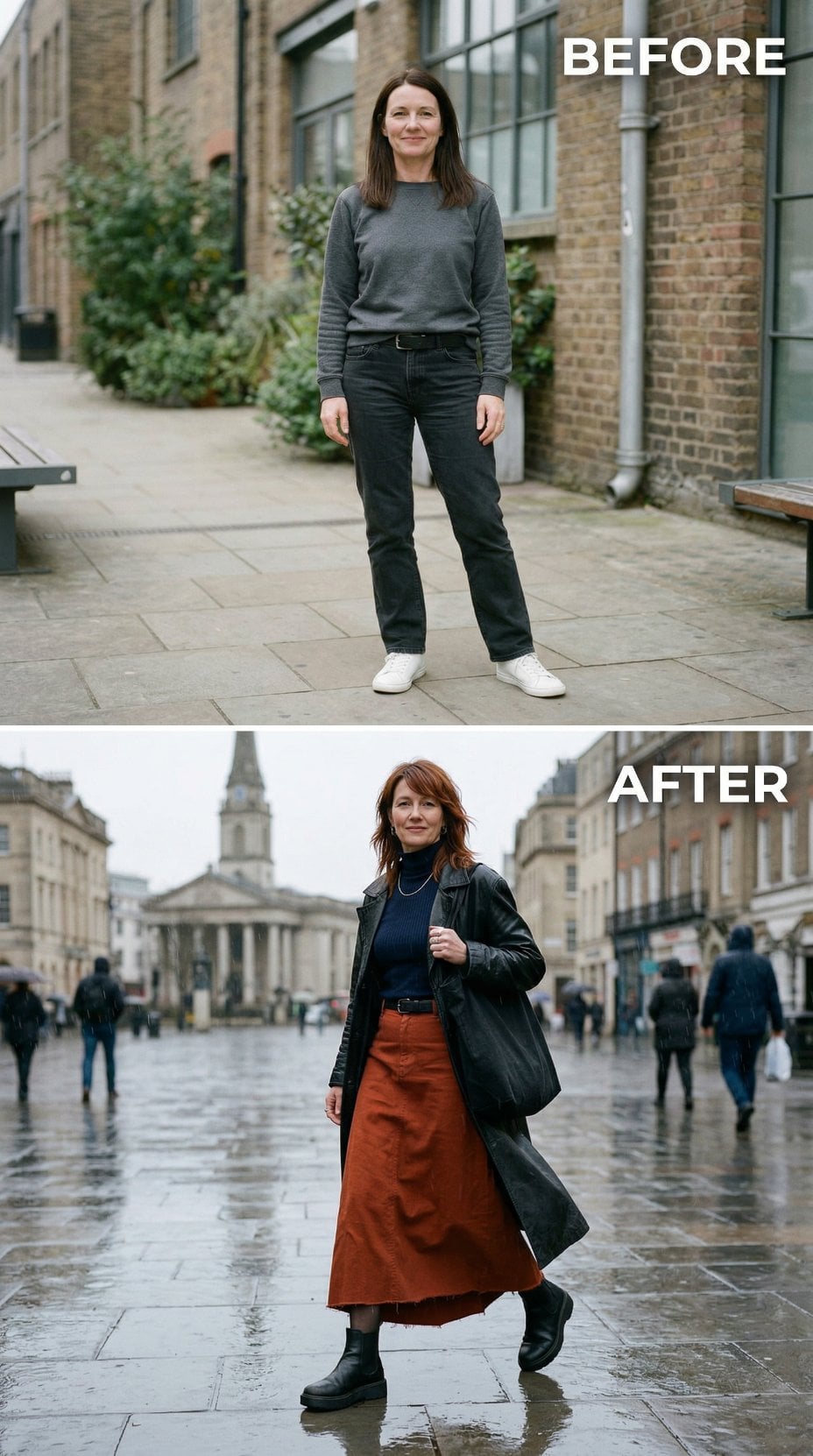 Grey Crewneck Traded for Rust Midi and Leather Trench on Rain-Slicked Plaza