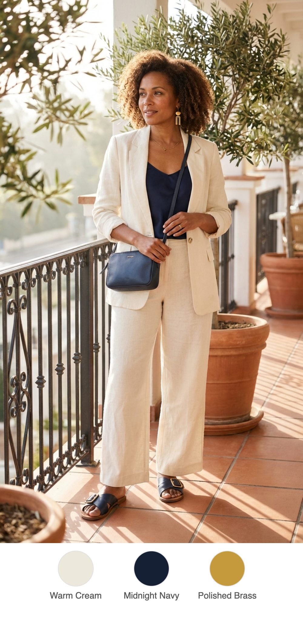 Sunday Brunch Terrace: Cream Linen Wide-Leg with Brass Detail