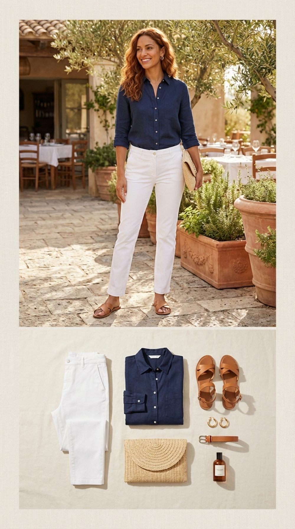 Sun-Warmed Patio Lunch in Navy Linen and Tan Leather