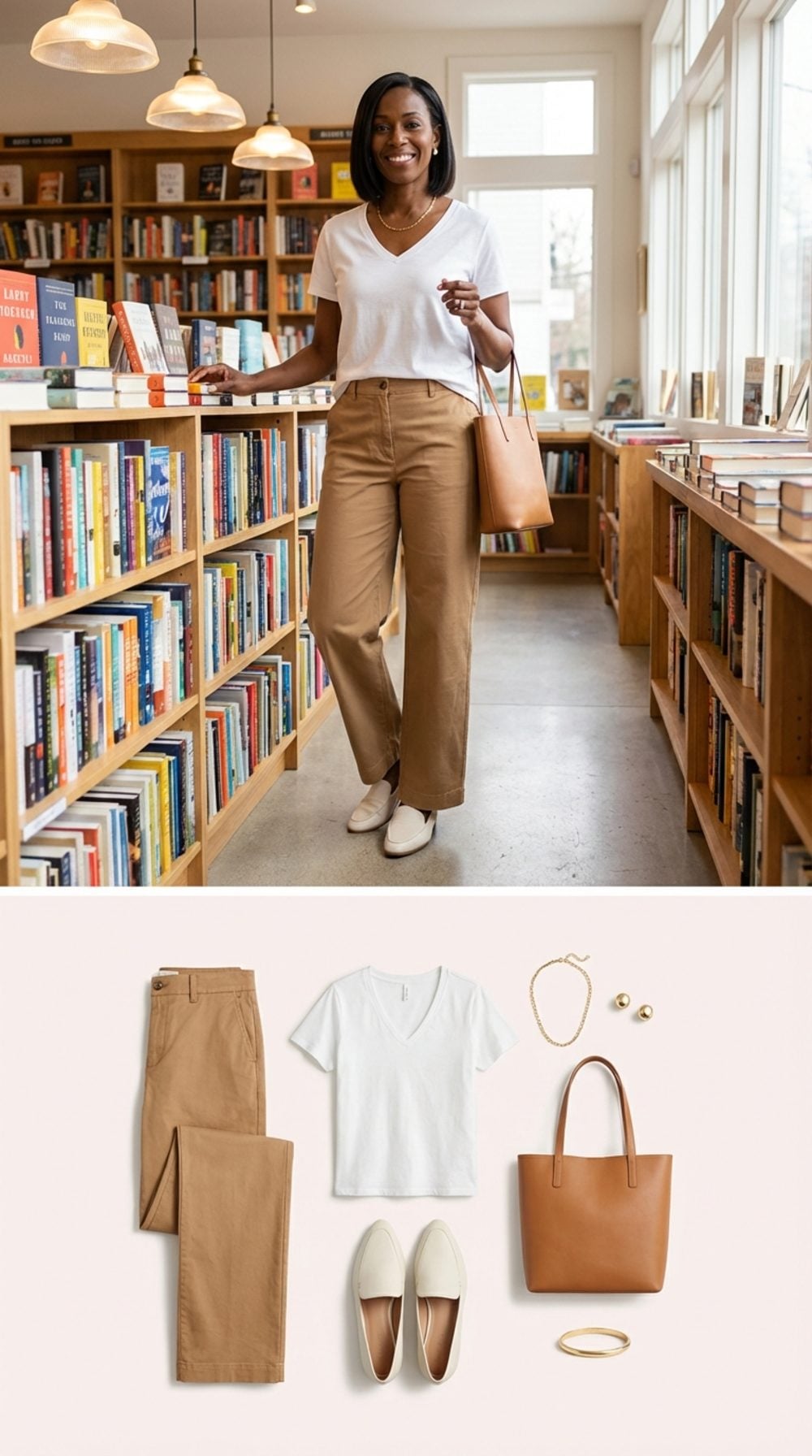 Wide-Leg Camel Chinos and the Bookshop That Became a Backdrop