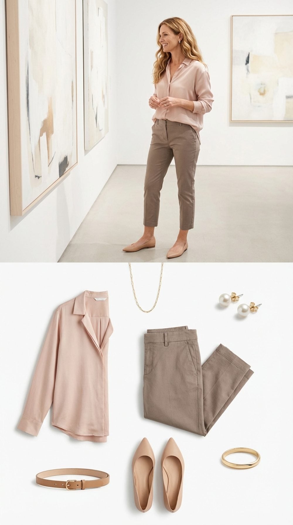 Cropped Taupe Chinos and Blush Silk at the Gallery: The Half-Tuck as Styling Philosophy