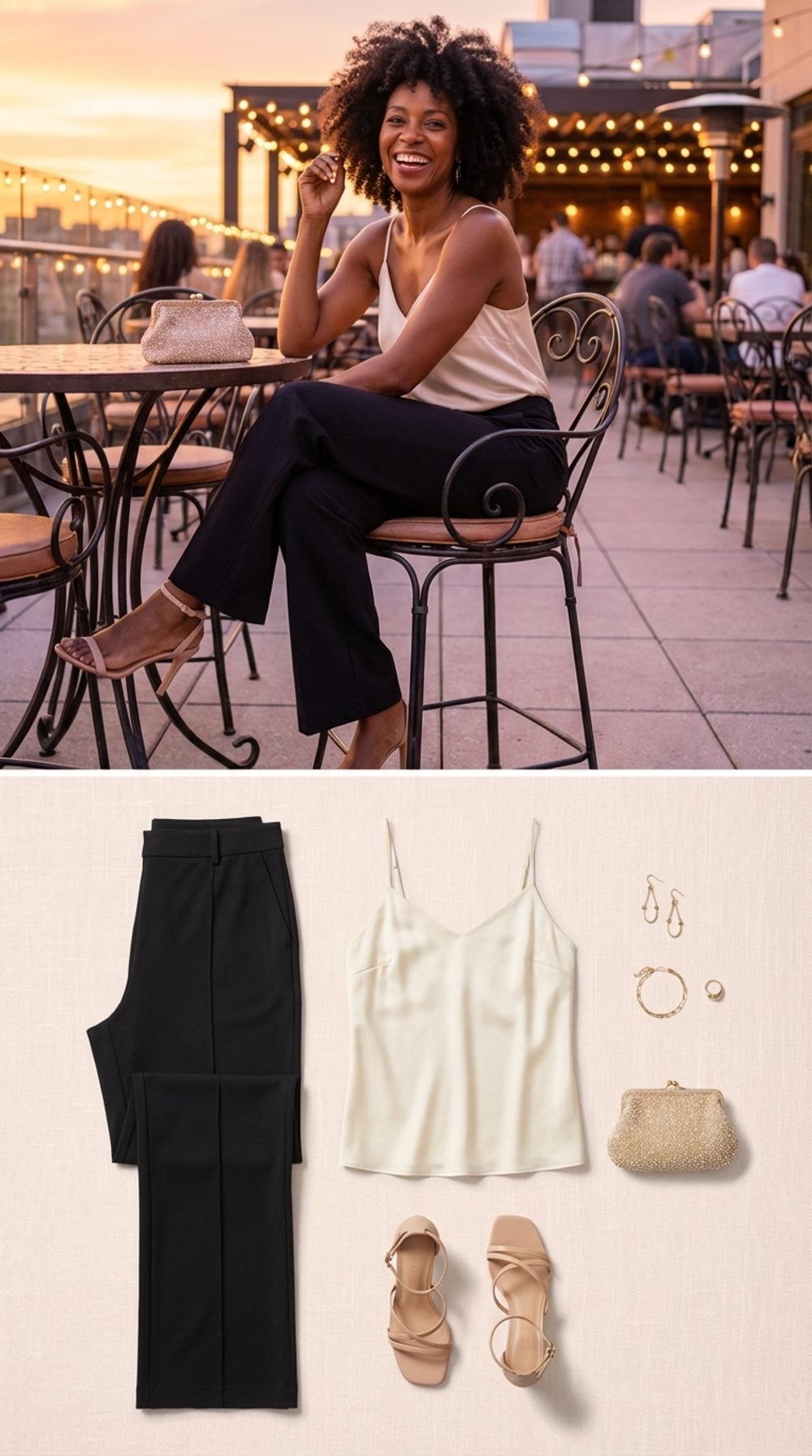 Rooftop Golden Hour in Black Chinos and Cream Satin