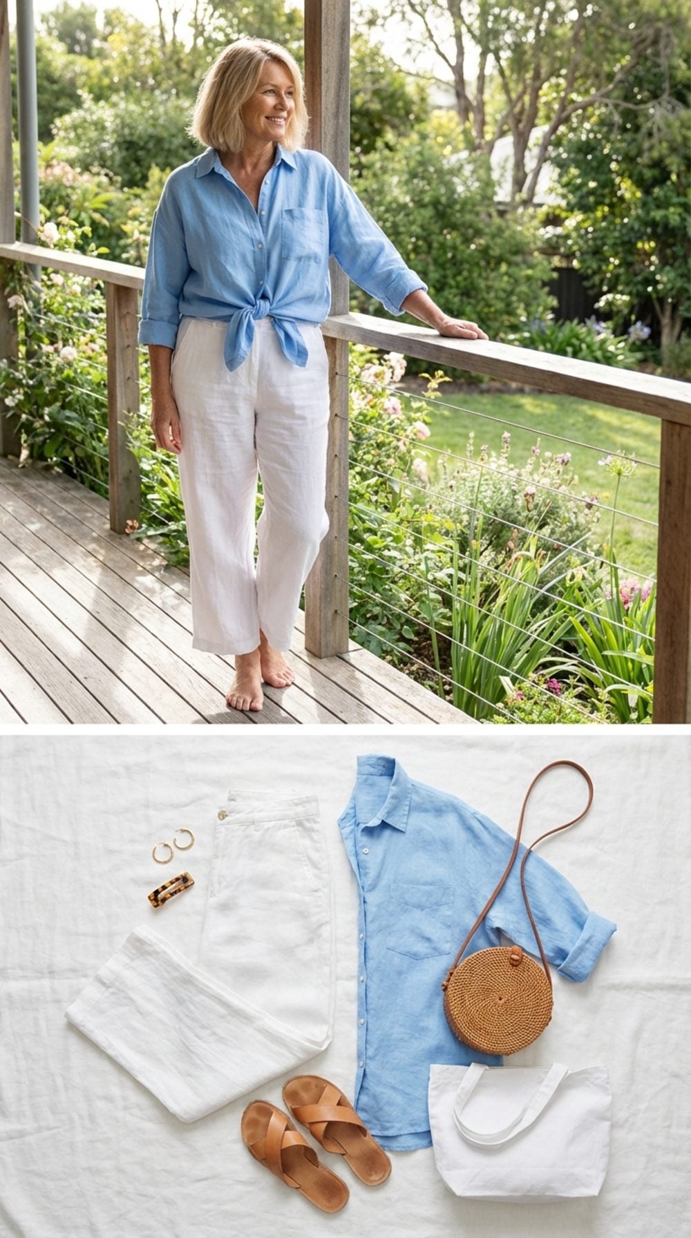 Barefoot on the Deck: White Linen Chinos and a Sky Blue Shirt