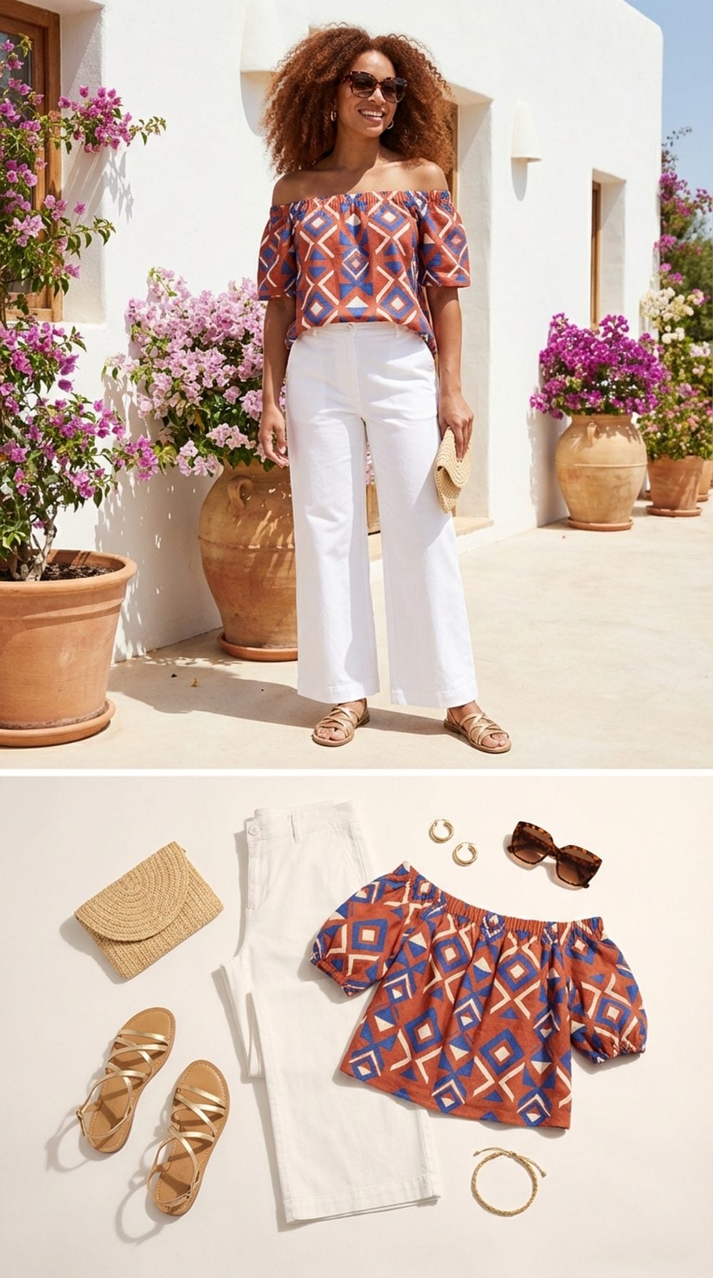 Mediterranean Villa Morning: White Wide-Legs and a Bold Print