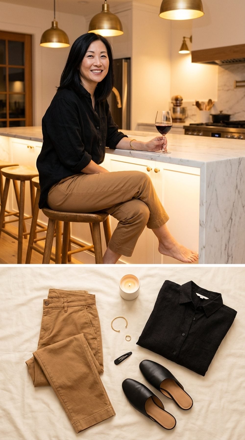 At-Home Evening in Camel Chinos and Black Linen